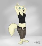  absurd_res anthro arctic_fox barefoot belt blue_eyes bottomwear breasts canid canine chain clothed clothing disney female fox fur genitals hands_behind_head hi_res inner_ear_fluff kotofox looking_at_viewer mammal navel pose pussy skye_(zootopia) smile solo standing topwear tuft zootopia 