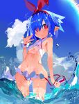  5_fingers blue_hair bow_tie breasts clothing day demon fingers hair hi_res humanoid humanoid_pointy_ears looking_at_viewer miyakawa106 navel not_furry outside partially_submerged pink_eyes pleinair portrait red_eyes small_breasts swimwear three-quarter_portrait wardrobe_malfunction 
