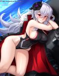  1girl absurdres artist_name ass azur_lane bare_shoulders black_cape black_flower black_headwear blush breasts cape cleavage covered_navel dutch_angle flower graf_zeppelin_(azur_lane) hair_between_eyes hair_flower hair_ornament hat highleg highleg_swimsuit highres impossible_clothes impossible_swimsuit long_hair one-piece_swimsuit patreon_logo peaked_cap red_cape red_eyes sideboob silver_hair solo swimsuit thighs two-tone_cape very_long_hair vilde_loh_hocen water 
