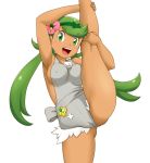  1girl :d breasts covered_nipples dark_skin flower green_eyes green_hair hair_flower hair_ornament highres leg_up long_hair looking_at_viewer mallow_(pokemon) medium_breasts open_mouth pokemon pokemon_(game) pokemon_sm simple_background smile solo split standing standing_on_one_leg standing_split teeth thighs tof twintails upper_teeth white_background 