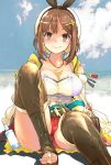 1girl atelier_(series) atelier_ryza belt beret blue_sky bottle breasts brown_belt brown_eyes brown_hair brown_legwear cleavage closed_mouth cloud collarbone commentary_request day hair_ornament hairclip hat highres jewelry large_breasts looking_at_viewer muramasa_mikado necklace outdoors red_shorts reisalin_stout short_hair short_shorts shorts sitting sky smile solo star_(symbol) star_necklace thighs toes white_headwear white_legwear 
