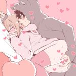  1boy 1girl animal_hood ass bed_sheet blush brown_hair cat_hood censored closed_eyes commentary_request ear_licking fingering heart heart_censor heart_pillow heart_print hetero hood hood_up hoodie incest licking long_sleeves looking_at_another nakiri_asahi nakiri_erina open_mouth pillow pink_background pussy_juice shokugeki_no_souma striped sweat thighhighs tongue tongue_out top-down_bottom-up uiui_(hage04195) 