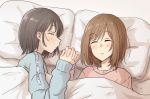  2girls absurdres bed betock blush brown_hair closed_eyes highres holding_hands interlocked_fingers multiple_girls original short_hair sleeping yuri 