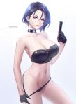  1girl artist_name azto_dio black_choker black_gloves breasts choker cleavage collarbone cowboy_shot fire_emblem fire_emblem:_three_houses gloves groin gun highres holding holding_gun holding_weapon large_breasts lips looking_at_viewer navel parted_lips patreon_username purple_eyes purple_hair shamir_nevrand short_hair simple_background solo standing stomach thighs weapon white_background 