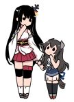  2girls bangs black_hair black_legwear detached_sleeves fusou_(kantai_collection) grey_neckwear hair_ornament hair_ribbon hakama hakama_skirt headgear height_difference holding_hands i-47_(kantai_collection) japanese_clothes kantai_collection long_hair long_sleeves low-tied_long_hair multiple_girls obi one-piece_swimsuit red_hakama ribbon sandals sash school_swimsuit see-through simple_background skirt swimsuit swimsuit_under_clothes terrajin thighhighs tress_ribbon white_background 