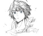  1boy absurdres black_hair blue_eyes gundam gundam_tekketsu_no_orphans highres jacket kudou_makoto looking_down mikazuki_augus monochrome sketch solo spot_color white_background 