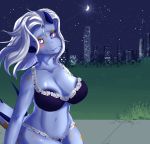  absurd_res anthro big_breasts breasts city city_background clothed clothing curvy_figure digital_media_(artwork) dragon female hair happy hi_res huge_breasts lace_bra lace_panties looking_at_viewer moon night outside rose_sunsprite sinnamon_roll smile solo wind 