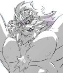  abs anthro bodily_fluids body_hair chest_hair embarrassed felid hair lion live-a-hero long_hair male mammal mane mane_hair muscular muscular_anthro muscular_male nipples pantherine pecs ponytail solo sweat toshu yukikazefactory 