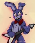  2020 animatronic anthro black_nose blush bonnie_(fnaf) bottomwear bow buckteeth clothing fingers five_nights_at_freddy&#039;s guitar hi_res imtrippingdude lagomorph leporid long_tail machine male mammal musical_instrument open_mouth open_smile pink_eyes plucked_string_instrument purple_body rabbit robot signature smile string_instrument teeth video_games 