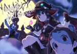  ahoge blue_hair brown_hair cup drinking_glass glasses halloween_costume hat idolmaster idolmaster_cinderella_girls moon multiple_girls muramatsu_sakura new_wave_(idolmaster) ooishi_izumi screw_in_head stitched_face tamachan_(gam_baru_ger) tsuchiya_ako wine_glass witch witch_hat 