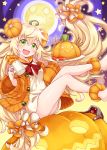  1girl :d bangs barefoot blonde_hair blush commentary_request cup dinergate_(girls_frontline) dress eyebrows_visible_through_hair feet_out_of_frame floating_hair food_themed_hair_ornament full_moon girls_frontline green_eyes hair_between_eyes hair_ornament hair_scrunchie hairclip highres holding holding_cup holding_tray jack-o&#039;-lantern jacket long_hair long_sleeves looking_at_viewer moon mug open_clothes open_jacket open_mouth orange_jacket orange_scrunchie print_dress pumpkin_hair_ornament robot s.a.t.8_(girls_frontline) sansei_rain scrunchie shotgun_shells silk smile spider_web star_(symbol) star_print tray very_long_hair white_dress wide_sleeves 