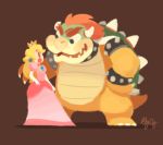  blonde_hair bowser crown dress gigi_d.g. green_shell horns pink_dress princess_peach red_hair source_request 