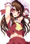  1girl armpits arms_up ascot bangs bare_shoulders blush bow breasts brown_hair commentary_request cowboy_shot detached_sleeves eyebrows_visible_through_hair frilled_bow frilled_shirt_collar frills groin hair_between_eyes hair_bow hair_tubes hakurei_reimu japanese_clothes kerotsupii_deisuku long_hair looking_at_viewer medium_breasts midriff miko navel nontraditional_miko open_mouth presenting_armpit red_bow red_eyes red_shirt red_skirt ribbon-trimmed_sleeves ribbon_trim shirt sidelocks simple_background skirt sleeveless sleeveless_shirt solo standing touhou white_background white_sleeves yellow_neckwear 