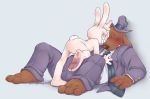 anthro blush bulge canid canine canis clothed clothing domestic_dog duo feet hi_res lagomorph leporid male male/male mammal max_(sam_and_max) paws plantigrade rabbit sam_and_max samuel_dog walnutgecko 