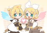  1boy 1girl angel_wings aqua_eyes arm_warmers bangs bare_shoulders black_collar black_shorts blonde_hair blue_wings bow chibi collar commentary crop_top grey_collar grey_shorts hair_bow hair_ornament hairclip headphones heart holding kagamine_len kagamine_rin looking_at_viewer najo neckerchief necktie open_mouth red_wings sailor_collar school_uniform shirt short_hair short_ponytail short_shorts short_sleeves shorts shoulder_tattoo sleeveless sleeveless_shirt smile spiked_hair swept_bangs symmetry tattoo upper_body vocaloid white_bow white_shirt wings yellow_background yellow_nails yellow_neckwear 