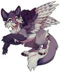  2020 4_toes ailuranthropy alpha_channel ambiguous_gender avian canid canine digital_media_(artwork) feathered_wings feathers feral fur grey_body grey_fur hybrid mammal open_mouth paws purple_eyes simple_background smile solo teeth toes tongue transparent_background wings 