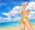  1girl armlet ass azur_lane bare_shoulders beach bikini blush breasts choker cup dark_skin dated eyebrows_visible_through_hair facial_mark floating_hair forehead_mark from_behind green_bikini highres holding holding_cup large_breasts long_hair looking_at_viewer looking_back massachusetts_(azur_lane) native_american outdoors paundo2 red_eyes shiny shiny_skin silver_hair smile solo standing swimsuit thighs twitter_username very_long_hair wet 