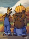  2020 anthro belly canid canine canis clothed clothing detailed_background digital_media_(artwork) domestic_dog duo food fruit hi_res k-9 male male/male mammal overalls overweight partially_clothed plant plantigrade pumpkin ursid 