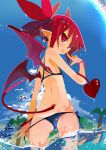  bikini butt clothed clothing day demon disgaea ear_piercing etna_(disgaea) female hair hi_res humanoid humanoid_pointy_ears mammal membrane_(anatomy) membranous_wings miyakawa106 not_furry outside partially_submerged piercing rear_view red_eyes red_hair spade_tail swimwear tongue tongue_out video_games water wings 