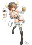 1girl :p animal_ears bell bell_collar blush boots breasts brown_eyes brown_hair cleavage coffee_milk collar cow_ears cow_horns ear_tag elbow_gloves glass gloves highres horns korean_text large_breasts last_origin leotard looking_at_viewer milk seo_(tqhgud016) short_hair signature simple_background solo spoken_food t-2_brownie thighhighs tongue tongue_out white_background 