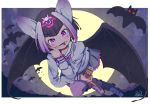  1girl :p animal_ears bat bat_ears bat_girl bat_wings black_hair boots commentary_request common_vampire_bat_(kemono_friends) extra_ears eyebrows_visible_through_hair fang flying frilled_skirt frills full_moon highres kemono_friends long_sleeves moon multicolored_hair neckerchief pantyhose pink_hair pleated_skirt purple_eyes purple_legwear purple_neckwear purple_skirt rakugakiraid sailor_collar school_uniform serafuku short_hair skirt solo sweater tomato_juice tongue tongue_out white_hair white_sweater wings 