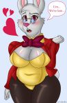  &lt;3 alice_in_wonderland anthro belly big_breasts blush bow_tie breasts bunny_costume clothed clothing costume digital_media_(artwork) eyelashes eyewear female fur glasses hi_res klr-rio lagomorph legwear leporid looking_at_viewer mammal navel open_mouth rabbit scut_tail simple_background solo speech_bubble stockings suit_jacket the_white_rabbit 