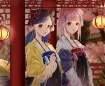  2girls blue_hair chinese_clothes hair_ornament hanfu hannelole_(honzuki_no_gekokuji) highres honzuki_no_gekokujou lantern long_hair maine_(honzuki_no_gekokujou) multiple_girls pink_hair red_eyes riririsa yellow_eyes 