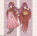  2girls boots bow commentary_request cross-laced_footwear dual_persona hair_bow hakama japanese_clothes kamikaze_(kantai_collection) kantai_collection kimono lace-up_boots long_hair meiji_schoolgirl_uniform multiple_girls pink_hakama purple_eyes purple_hair red_kimono sandals twitter_username wss_(nicoseiga19993411) yellow_bow 
