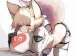  1girl absurdres animal_ears animal_nose arknights bangs bent_over black_gloves blonde_hair blunt_bangs blush eyebrows_visible_through_hair fur furrification furry gloves highres looking_at_viewer pillow platinum_(arknights) short_hair simple_background solo tab_head tail thighhighs white_background yellow_eyes 