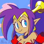  1:1 2019 2d_animation animated blue_eyes breasts clothed clothing ear_piercing female frame_by_frame genie hair humanoid humanoid_pointy_ears long_hair looking_at_viewer not_furry nova_rain piercing ponytail purple_hair shantae shantae_(series) short_playtime simple_background smile solo video_games wayforward 