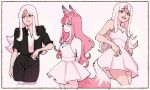  1girl animal_ears artist_name blush border bow bowtie brand_new_animal dreamsyndd dress english_commentary fox_ears fox_girl fox_tail furry highres hiwatashi_nazuna long_hair multiple_views pants pink_hair simple_background smile tail tuxedo white_border white_hair 