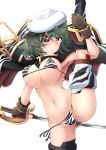  1girl absurdres armpits ass_visible_through_thighs bangs bikini blush boots breasts camouflage cape commentary_request covered_nipples cutlass eyebrows_visible_through_hair eyepatch flexible gloves green_eyes green_hair groin hat highres kantai_collection kiso_(kantai_collection) large_breasts leg_lift leg_up looking_at_viewer micro_bikini muzzuleflash navel remodel_(kantai_collection) sailor_hat short_hair side-tie_bikini simple_background solo split standing standing_on_one_leg standing_split stretch string_bikini swimsuit thigh_strap underboob white_background 
