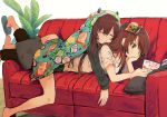 2girls :o arm_support bangs barefoot black_pants black_shirt blue_footwear blush brown_eyes brown_hair chin_rest closed_eyes closed_mouth commentary_request couch eyebrows_visible_through_hair fake_horns feet_out_of_frame hair_between_eyes highres horns idolmaster idolmaster_shiny_colors long_hair long_sleeves lying lying_on_person mieharu multiple_girls on_couch on_stomach oosaki_amana oosaki_tenka pants parted_lips pillow reading shirt short_sleeves siblings sisters slippers twins very_long_hair white_background white_shirt 
