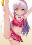  1girl :o angel_beats! armpits arms_up ass bangs bare_arms bare_shoulders blush brown_background cheerleader commentary_request crop_top eyebrows_visible_through_hair gradient gradient_background hair_between_eyes leg_up long_hair looking_at_viewer lydia601304 midriff miniskirt navel panties parted_lips pleated_skirt pom_poms red_shirt red_skirt sailor_collar shirt silver_hair skirt sleeveless sleeveless_shirt solo split standing standing_on_one_leg standing_split stomach tenshi_(angel_beats!) thighs underwear very_long_hair white_background white_panties white_sailor_collar yellow_eyes 