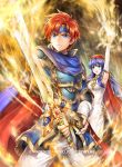  1boy 1girl blue_armor blue_cape blue_eyes blue_hair cape fire fire_emblem fire_emblem:_the_binding_blade fire_emblem_cipher hat headband lilina_(fire_emblem) official_art red_cape red_hair roy_(fire_emblem) sword weapon white_robe yamada_koutarou 