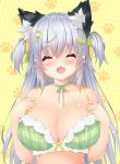  1girl animal_ear_fluff animal_ears bangs blush bra breasts cat_ears choker cleavage closed_eyes eyebrows_visible_through_hair facing_viewer fang hair_between_eyes hair_ornament highres lace-trimmed_bra lace_trim large_breasts nipples ooji_cha open_mouth original oziko_(ooji_cha) paw_print ribbon_choker silver_hair solo two_side_up underwear upper_body yellow_background 