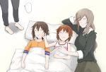  4girls brown_hair collarbone collared_shirt girls_und_panzer long_hair lying multiple_girls nishizumi_maho nishizumi_miho nishizumi_shiho on_side pajamas pillow shimada_chiyo shirt short_hair sleeping sleeveless sleeves_rolled_up under_covers yuuhi_(arcadia) 