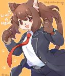  anthro brown_body brown_fur cat_operator clothing female fur hair live-a-hero multicolored_body multicolored_fur necktie ponytail solo suit summon_lw 