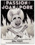  2020 4_fingers anthro black_and_white border bruce_mccorkindale cloak clothing cross crossover domestic_pig english_text eyelashes female fingers fire greyscale halo hi_res mammal miss_piggy monochrome movie_poster muppets night parody signature snout solo star suid suina sus_(pig) text the_muppet_show the_passion_of_joan_of_arc thick_eyelashes white_border 