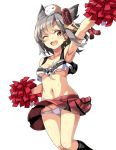 1girl alternate_costume animal_ears arm_up armpits azur_lane breasts brown_eyes cheering cheerleader clothes_writing collarbone commentary_request crop_top crop_top_overhang earrings extra_ears grey_hair highres holding holding_pom_poms jewelry macaroni_hourensou midriff miniskirt navel one_eye_closed open_mouth panties pleated_skirt pom_poms red_skirt shirt short_hair simple_background skirt sleeveless sleeveless_shirt small_breasts smile solo star_(symbol) star_earrings suzutsuki_(azur_lane) sweat underwear white_background white_panties 