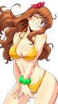  1girl aono3 bikini breasts cleavage commentary cowboy_shot eyebrows_visible_through_hair flower girls_und_panzer green_scrunchie grin hair_flower hair_ornament head_tilt highres large_breasts long_hair looking_at_viewer one_eye_closed orange_bikini orange_eyes orange_hair red_flower scrunchie simple_background skindentation smile solo standing string_bikini swimsuit takebe_saori v_arms white_background wrist_scrunchie 