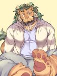  1boy animal_ears arsalan_(tokyo_houkago_summoners) bara beard blush brown_eyes brown_fur bulge casual chest chest_hair facial_hair feet furry green_hair highres hood hoodie lion_boy lion_ears lion_tail male_focus medium_hair muscle paws shirt simple_background sitting solo tail tokyo_houkago_summoners youzora_samo18 