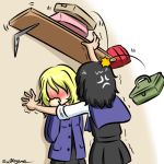  2girls andou_(girls_und_panzer) anger_vein bangs bc_freedom_school_uniform black_dress black_hair black_skirt blonde_hair blue_cardigan blue_sweater blush cardigan commentary dark_skin dress dress_shirt dropping faceless faceless_female girls_und_panzer kogane_(staygold) long_sleeves looking_at_another lowres medium_hair messy_hair miniskirt motion_lines multiple_girls oshida_(girls_und_panzer) pinafore_dress pleated_dress pleated_skirt school_uniform shelf shirt short_dress skirt sleeves_rolled_up standing sweater sweater_around_neck toolbox trembling twitter_username wall_slam yuri 