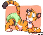  ass_up belly collar confused_look cute_expression diaper digitigrade ears_down felid feral fur heterochromia kay male mammal orange_body orange_fur pantherine pivoted_ears solo striped_body stripes tiger toony white_belly 