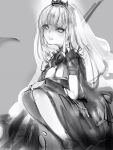  1girl breasts cleavage cleavage_cutout clothing_cutout from_side grey_background greyscale highres holding holding_scythe holding_weapon hololive hololive_english large_breasts looking_at_viewer monochrome mori_calliope nanashi_(nlo) outline scythe shoulder_spikes simple_background smile solo spikes squatting veil weapon white_outline 