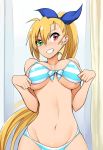  1girl bangs bikini blonde_hair blue_ribbon breasts commentary dressing_room green_eyes hair_ornament heterochromia highres long_hair looking_at_viewer lyrical_nanoha mahou_shoujo_lyrical_nanoha_vivid mirror nac000 navel ponytail red_eyes ribbon smile solo striped striped_bikini swimsuit teeth vivio 