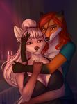  5_fingers amber_eyes anthro breasts canid canine canis clothed clothing digital_media_(artwork) domestic_dog eyebrows eyelashes female female/female fingers fox fur hair hi_res mammal pink_body pink_fur red_hair smile taurusart 
