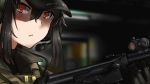  1girl :&lt; assault_rifle ayyh baseball_cap black_hair blurry blurry_background dark escape_from_tarkov gloves gun hat headset highres load_bearing_vest looking_to_the_side military portrait red_eyes rifle serious sidelocks solo weapon 