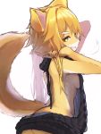  2020 absurd_res anthro blonde_hair breasts butt canid canine clothed clothing eyebrows female fingers fluffy fluffy_tail fox frederica_baumann fur green_eyes hair hi_res kemono long_hair looking_at_viewer mammal meme meme_clothing portrait re:zero side_view simple_background smile solo sweater tabhead three-quarter_portrait topwear virgin_killer_sweater white_body white_eyebrows white_fur yellow_body yellow_fur 