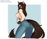  2020 5_fingers biped bottomwear breasts brown_eyes brown_hair butt clothed clothing collaboration denim denim_clothing equid equine female fingers fully_clothed hair horse jeans katfishcom mammal mojaloo pants shirt solo standing topwear 